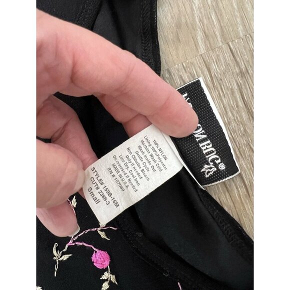 Vtg Y2k Top Small Black Pink Mesh Lettuce Hem Floral Embroidered Fairy Made USA - Picture 5 of 9